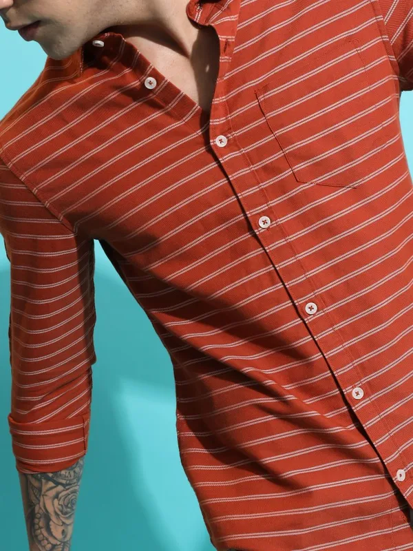  Ketch Men Terracotta Striped Slim Fit Casual Shirts