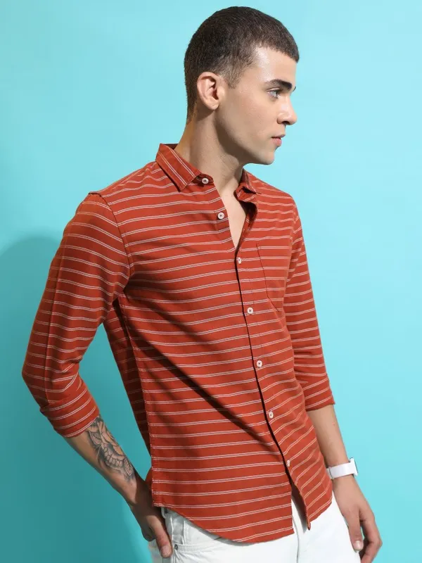  Ketch Men Terracotta Striped Slim Fit Casual Shirts
