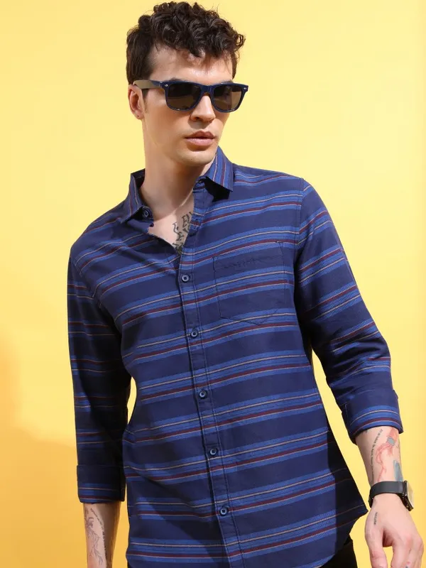  Ketch Men Navy Blue Striped Slim Fit Casual Shirts