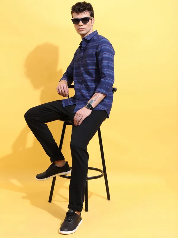  Ketch Men Navy Blue Striped Slim Fit Casual Shirts