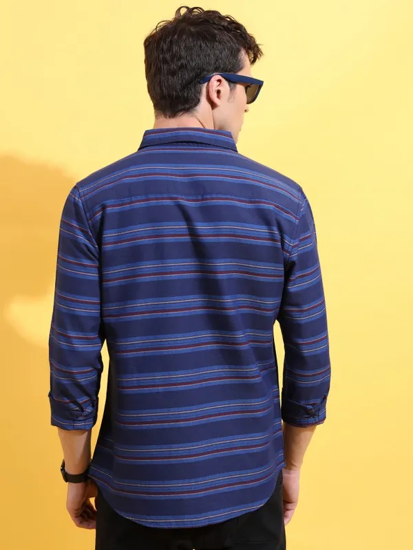  Ketch Men Navy Blue Striped Slim Fit Casual Shirts