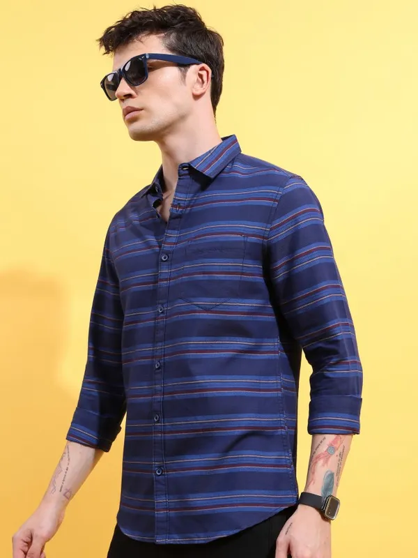  Ketch Men Navy Blue Striped Slim Fit Casual Shirts