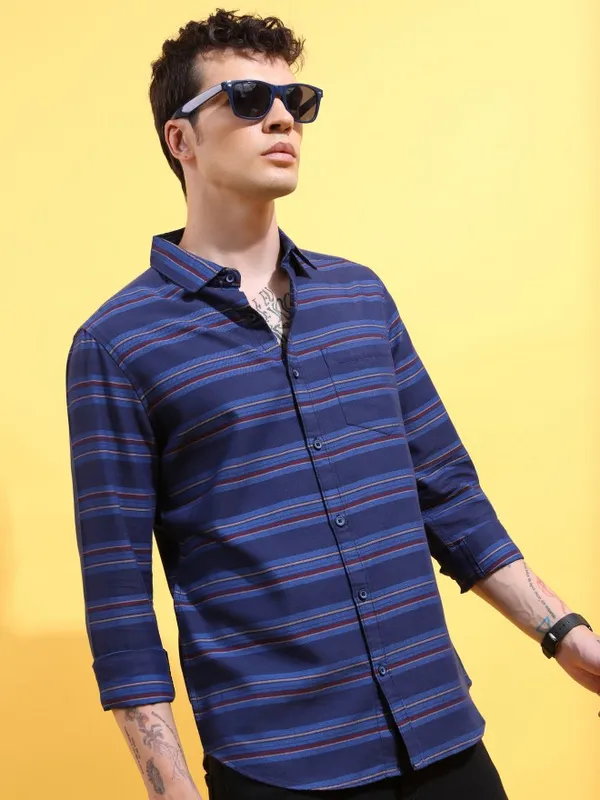  Ketch Men Navy Blue Striped Slim Fit Casual Shirts