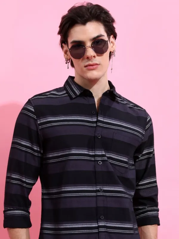  Ketch Men Black Striped Slim Fit Casual Shirts