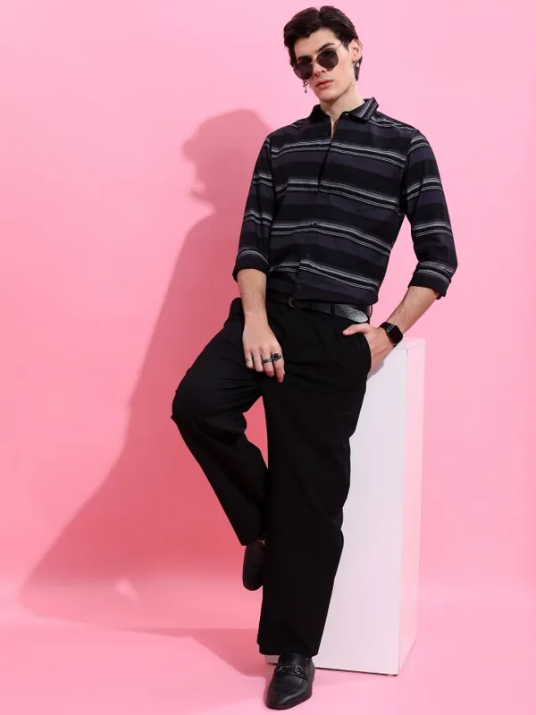  Ketch Men Black Striped Slim Fit Casual Shirts