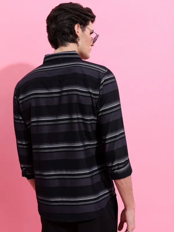  Ketch Men Black Striped Slim Fit Casual Shirts