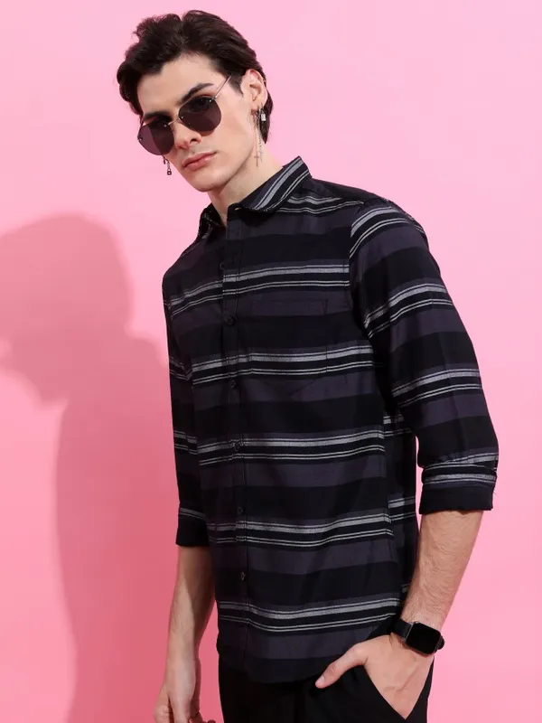  Ketch Men Black Striped Slim Fit Casual Shirts