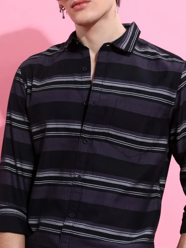  Ketch Men Black Striped Slim Fit Casual Shirts