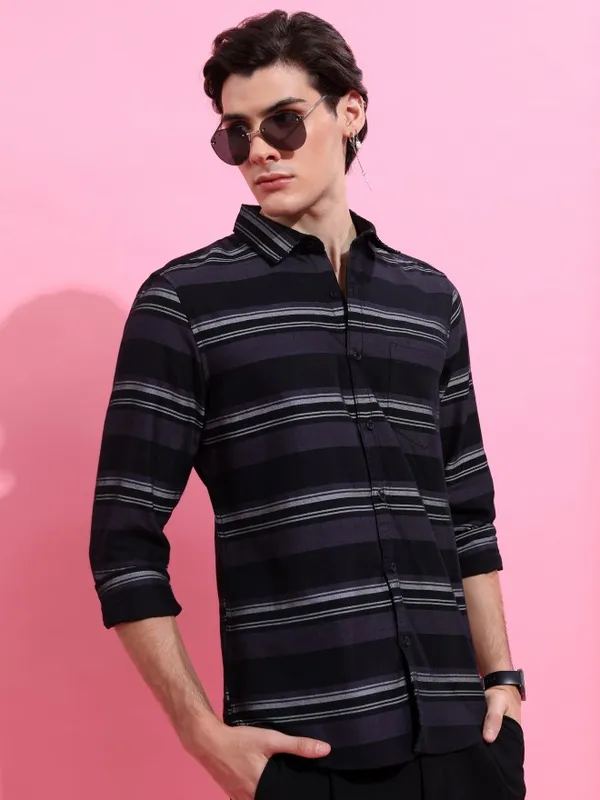  Ketch Men Black Striped Slim Fit Casual Shirts