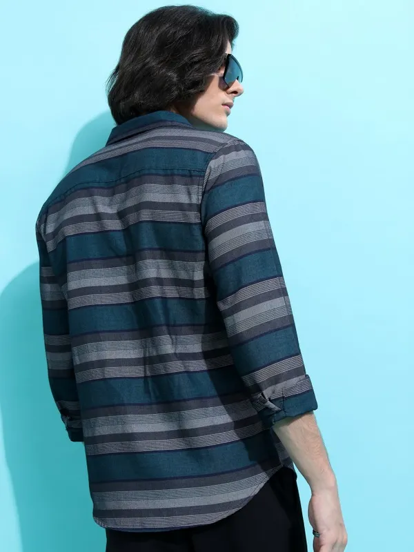  Ketch Men Grey Striped Slim Fit Casual Shirts