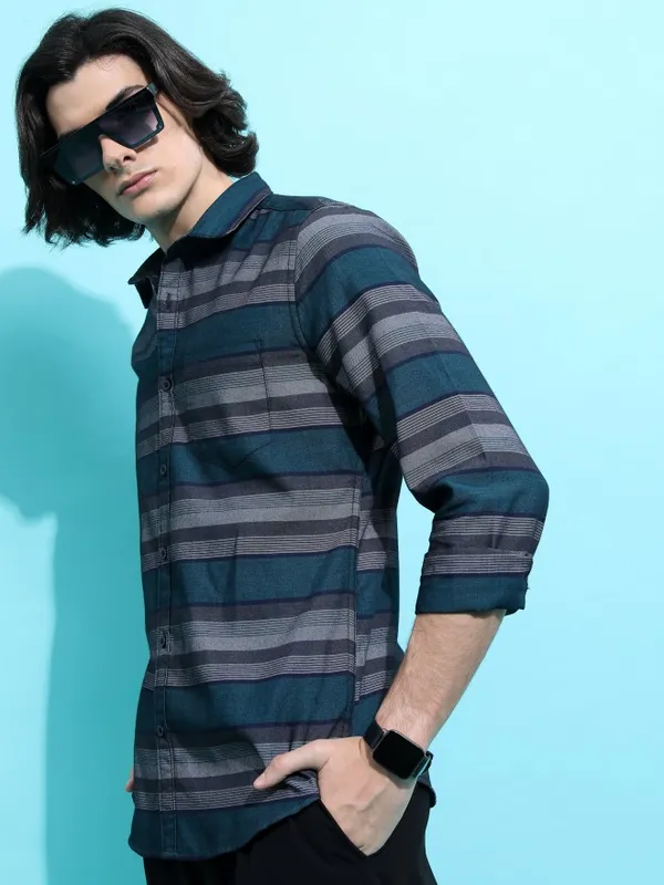  Ketch Men Grey Striped Slim Fit Casual Shirts