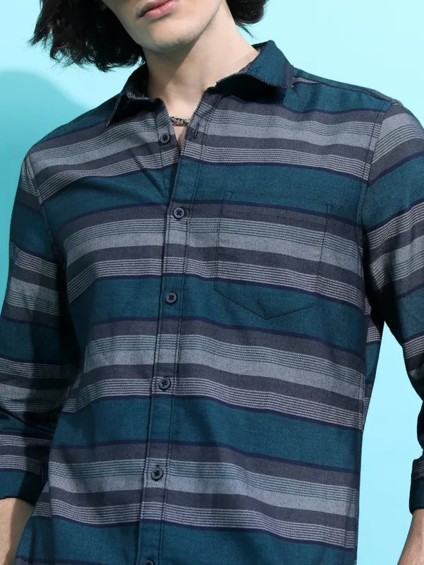  Ketch Men Grey Striped Slim Fit Casual Shirts