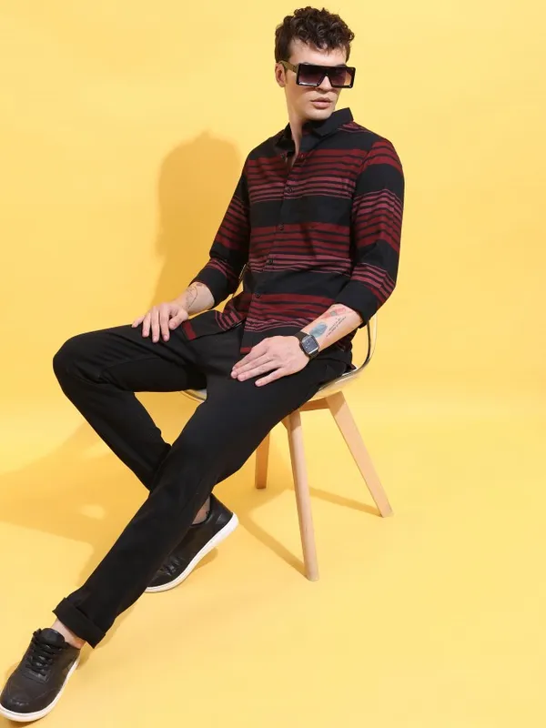  Ketch Men Black Striped Slim Fit Casual Shirts