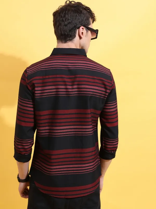  Ketch Men Black Striped Slim Fit Casual Shirts