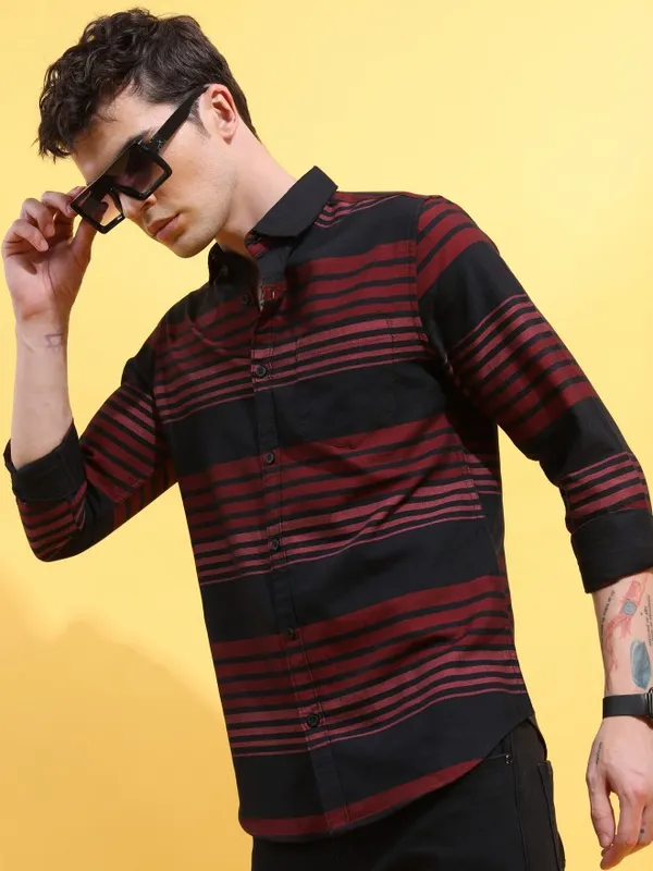  Ketch Men Black Striped Slim Fit Casual Shirts