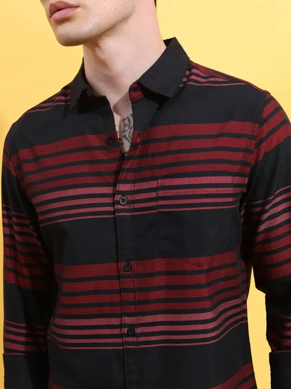  Ketch Men Black Striped Slim Fit Casual Shirts