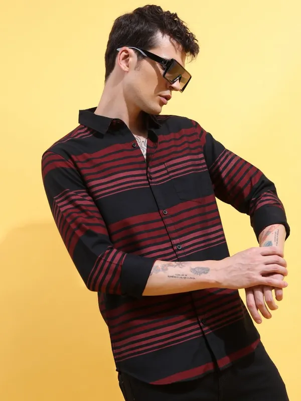  Ketch Men Black Striped Slim Fit Casual Shirts