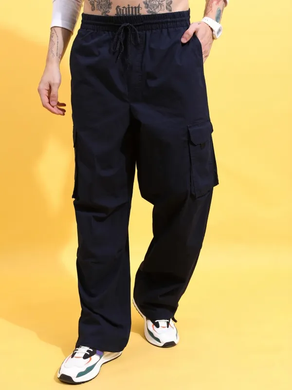  Highlander Men Navy Blue Loose Fit Solid Casual Trousers