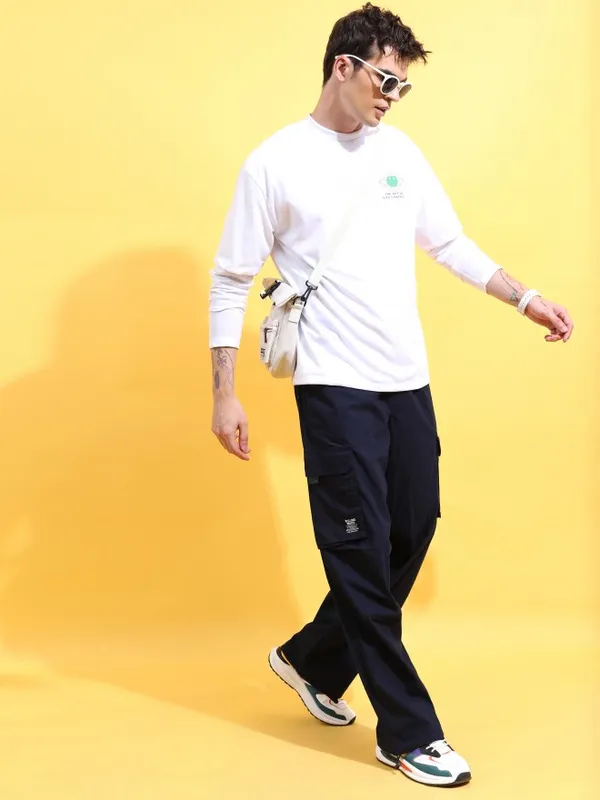  Highlander Men Navy Blue Loose Fit Solid Casual Trousers