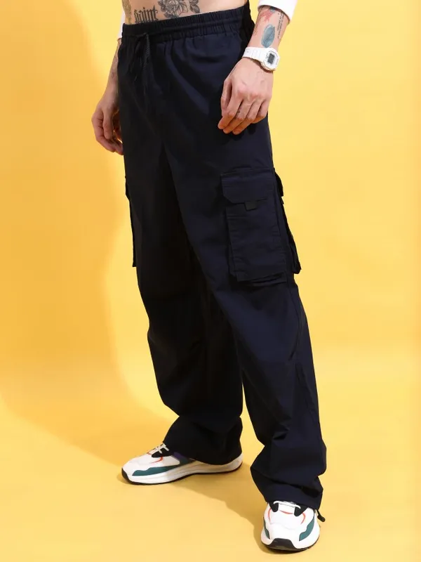  Highlander Men Navy Blue Loose Fit Solid Casual Trousers