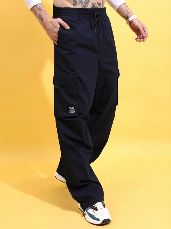  Highlander Men Navy Blue Loose Fit Solid Casual Trousers