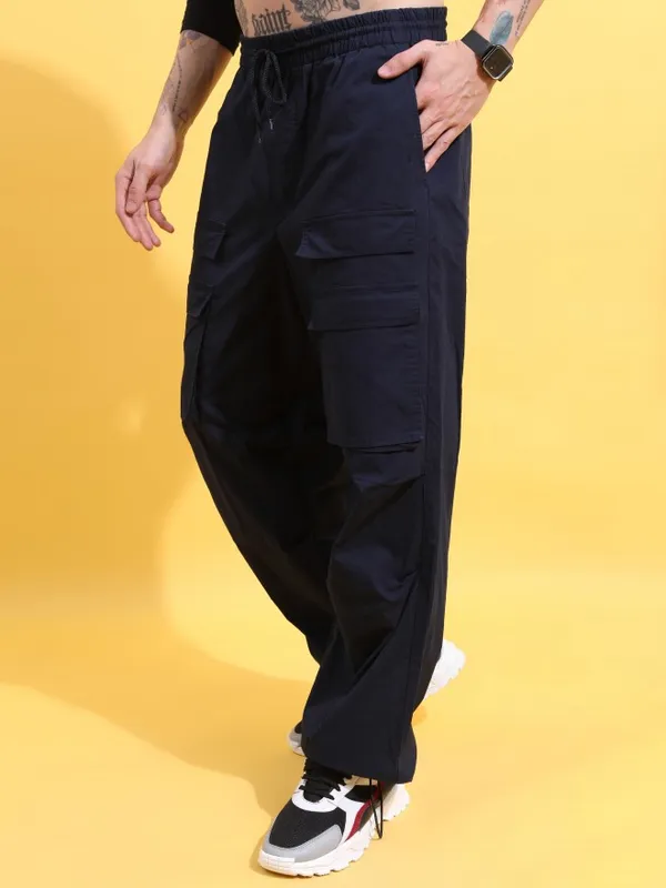  Highlander Men Navy Blue Loose Fit Solid Casual Trousers