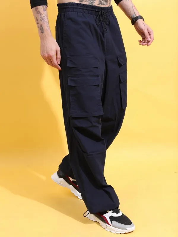  Highlander Men Navy Blue Loose Fit Solid Casual Trousers
