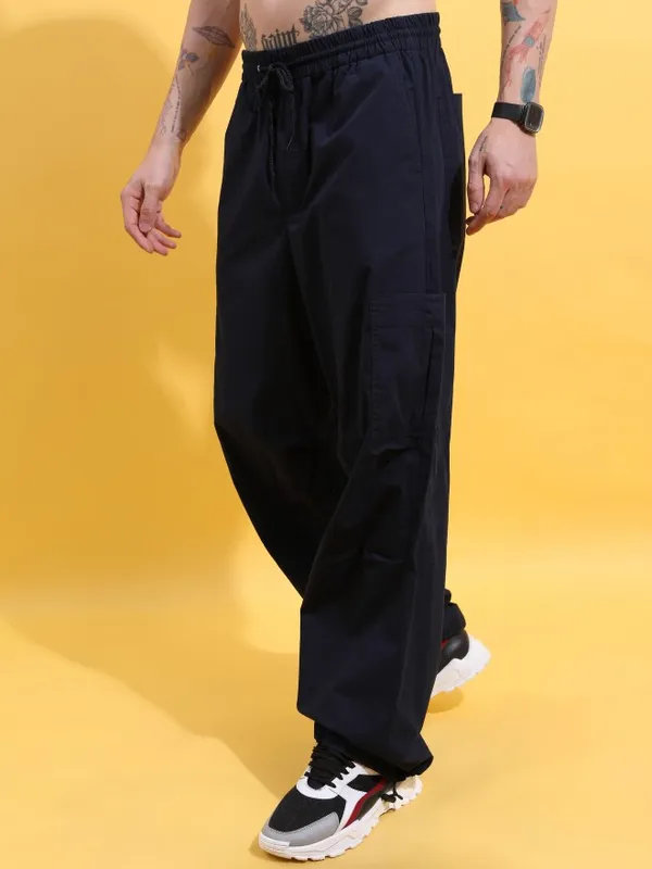  Highlander Men Navy Blue Loose Fit Solid Casual Trousers