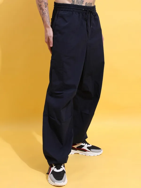  Highlander Men Navy Blue Loose Fit Solid Casual Trousers