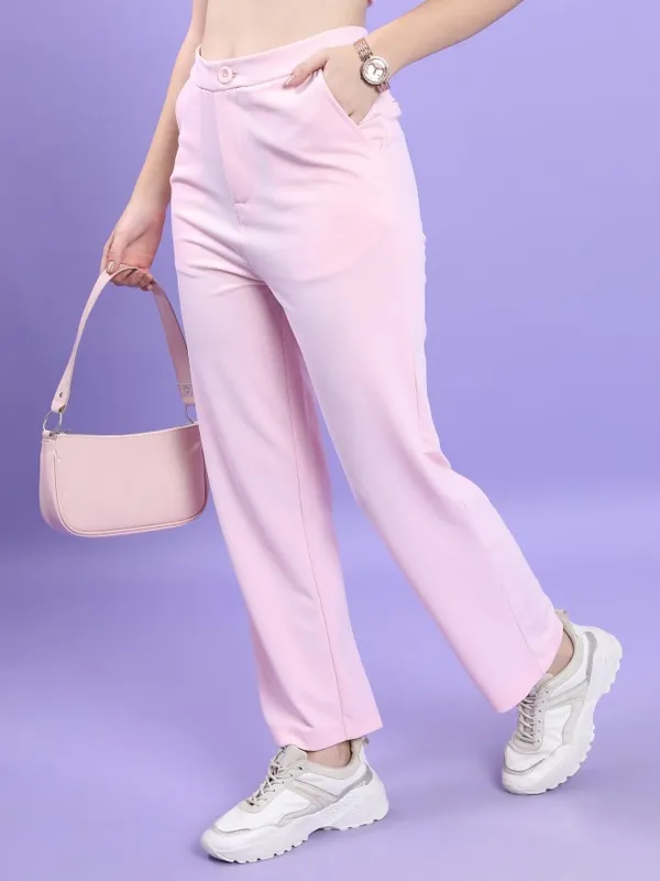 Tokyo Talkies Women Pink Solid Regular Fit Casual Trousers