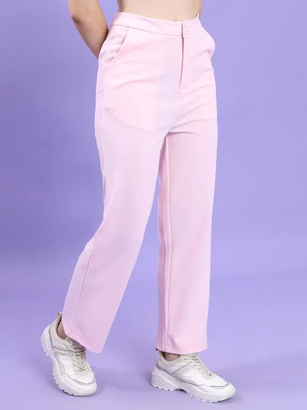  Tokyo Talkies Women Pink Solid Regular Fit Casual Trousers