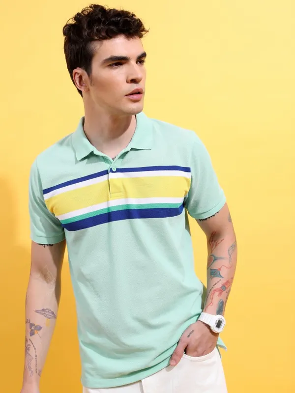  Highlander Men Sage Striped Polo Collar Polo T-Shirts