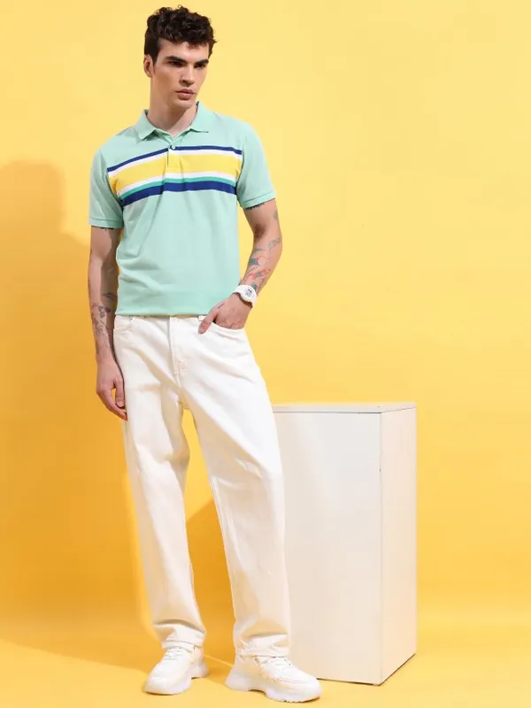  Highlander Men Sage Striped Polo Collar Polo T-Shirts