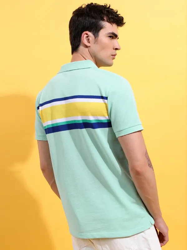  Highlander Men Sage Striped Polo Collar Polo T-Shirts