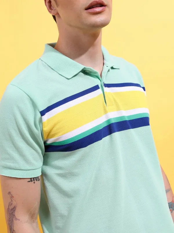  Highlander Men Sage Striped Polo Collar Polo T-Shirts