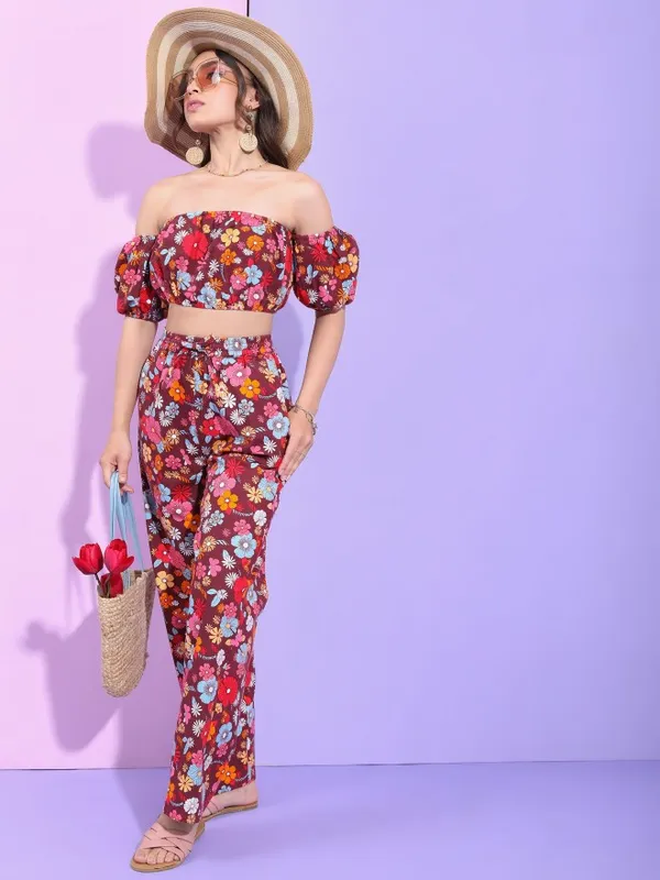 Tokyo Talkies Women Maroon Floral Printed Top With Flared Trouser Co-Ords
