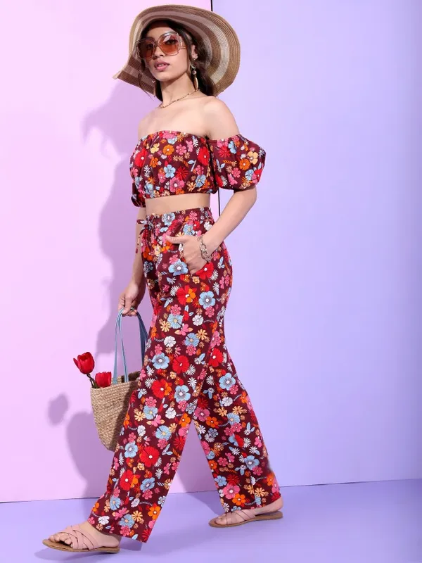 Tokyo Talkies Women Maroon Floral Printed Top With Flared Trouser Co-Ords