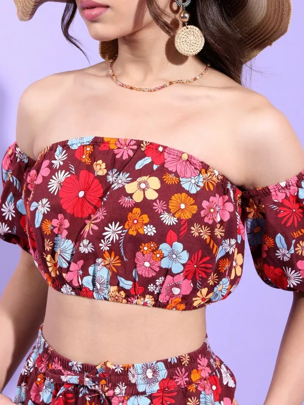Tokyo Talkies Women Maroon Floral Printed Top With Flared Trouser Co-Ords
