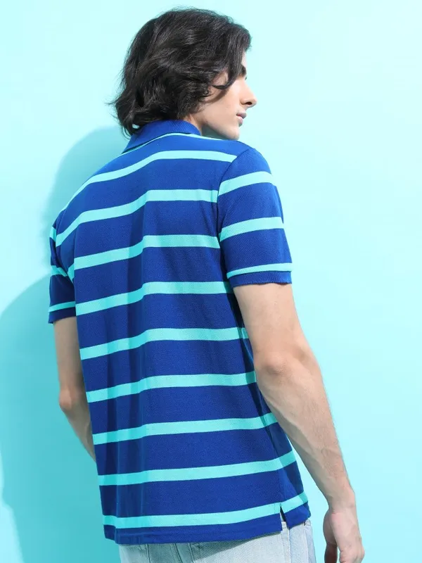  Highlander Men Blue Striped Polo Collar Polo T-Shirts