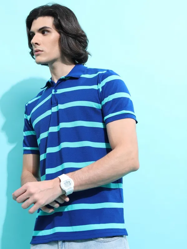  Highlander Men Blue Striped Polo Collar Polo T-Shirts