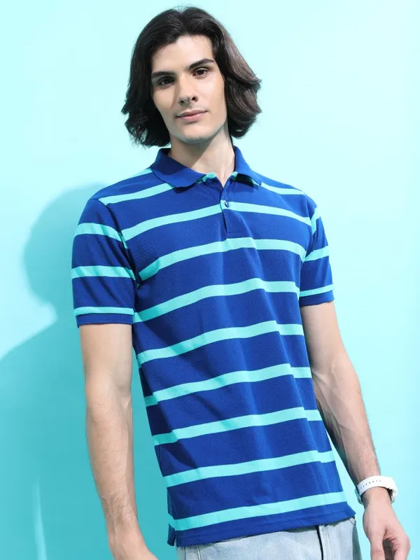  Highlander Men Blue Striped Polo Collar Polo T-Shirts