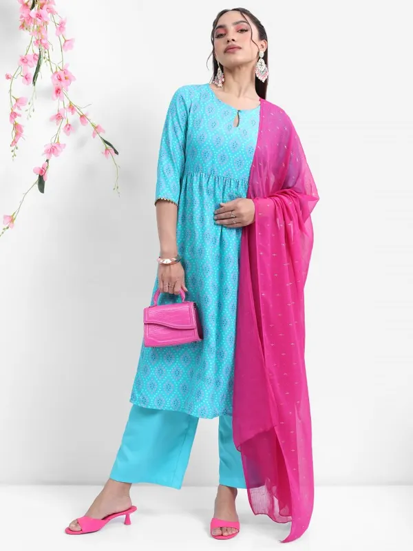 Vishudh Women Turquoise Printed Kurta With Palazzo And Dupatta