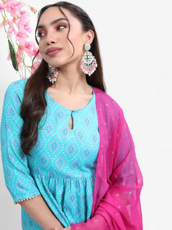 Vishudh Women Turquoise Printed Kurta With Palazzo And Dupatta