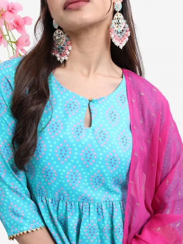 Vishudh Women Turquoise Printed Kurta With Palazzo And Dupatta
