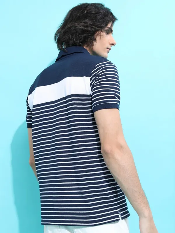 Highlander Men Navy Blue Striped Polo Collar Polo T-Shirts