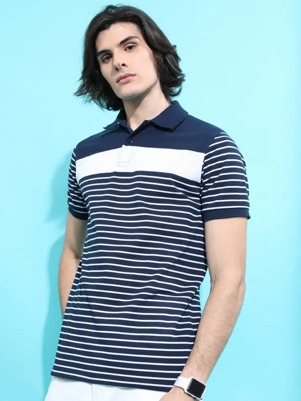  Highlander Men Navy Blue Striped Polo Collar Polo T-Shirts