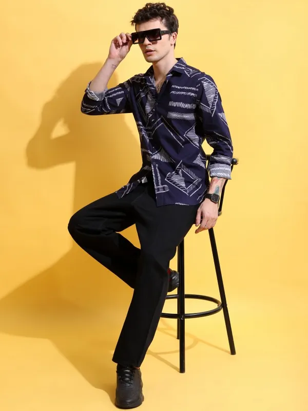  Highlander Men Blue Printed Slim Fit Casual Shirts