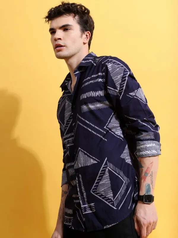  Highlander Men Blue Printed Slim Fit Casual Shirts