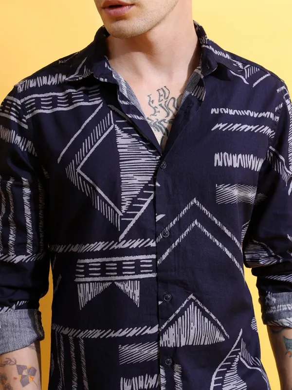  Highlander Men Blue Printed Slim Fit Casual Shirts