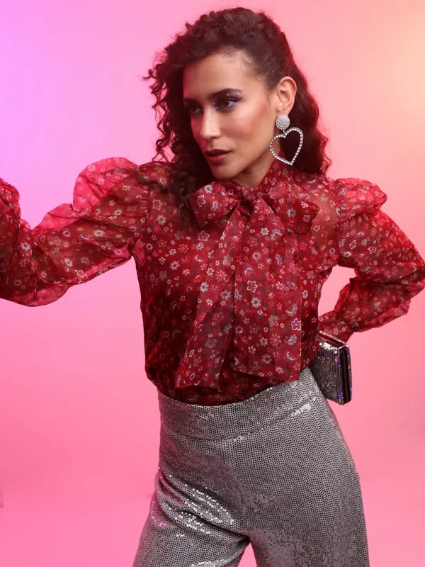  Tokyo Talkies Women Maroon Printed Regular Tops